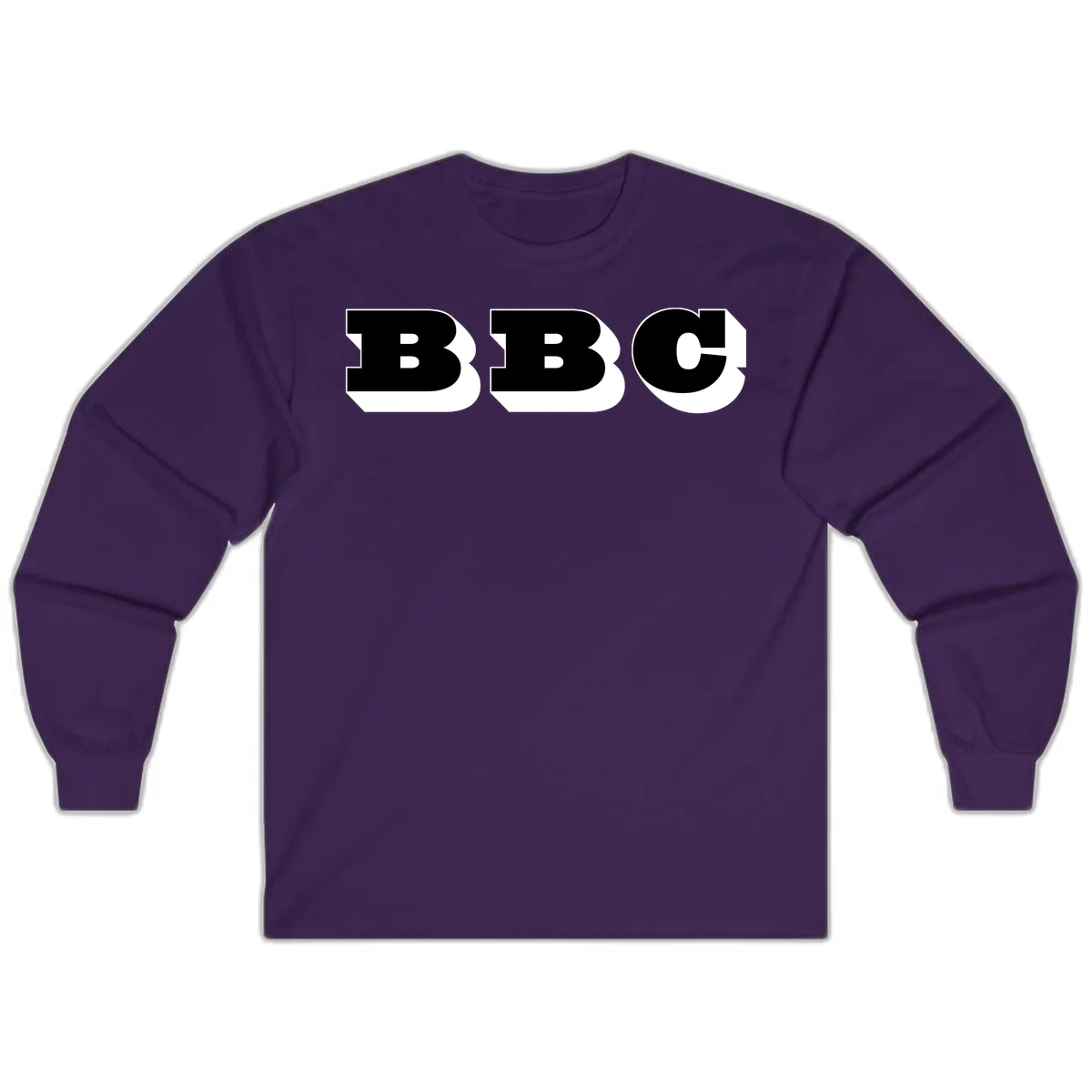 BBC bold typography design featuring three large geometric letters in black with white dimensional elements on gray background in Purple