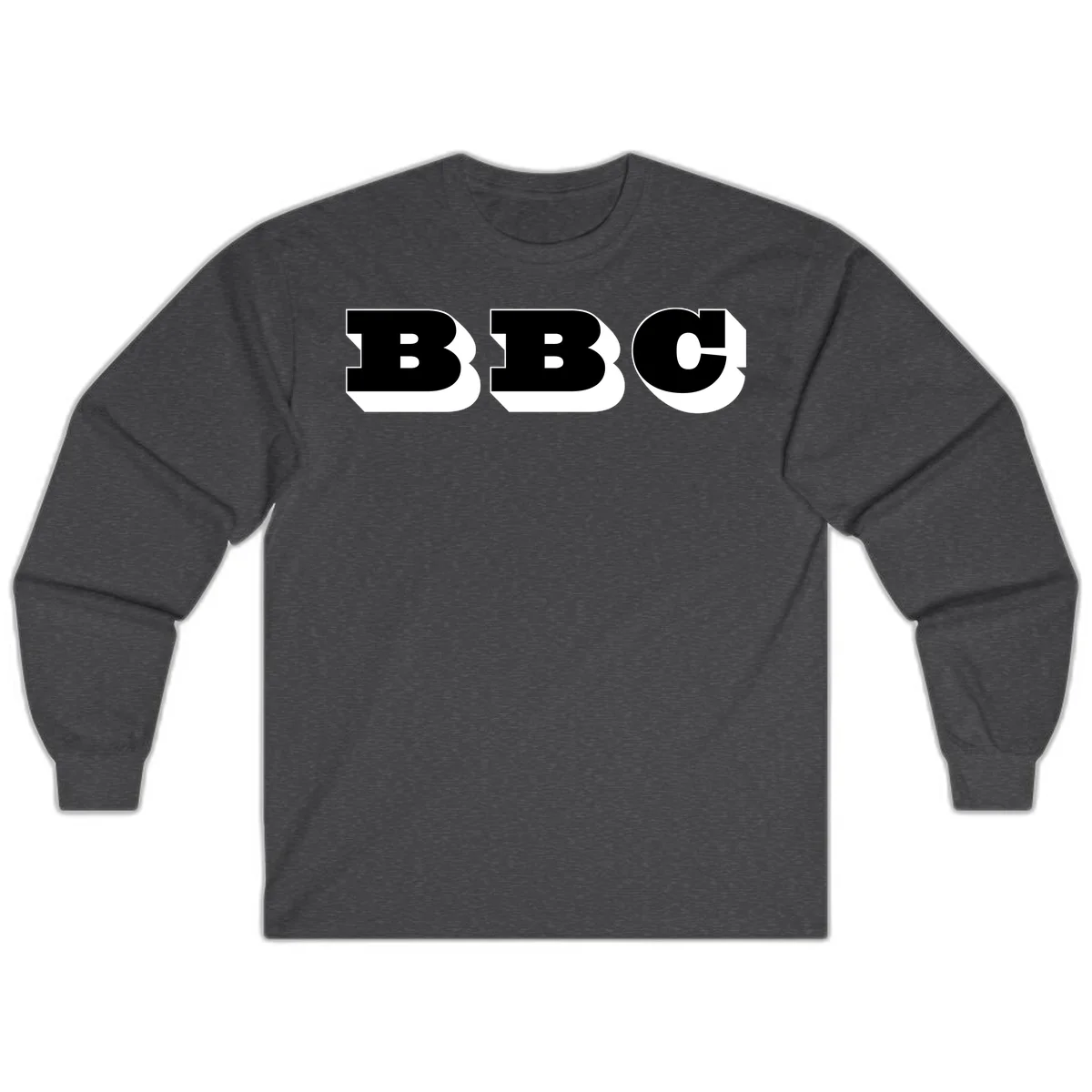 BBC bold typography design featuring three large geometric letters in black with white dimensional elements on gray background in Dark Heather
