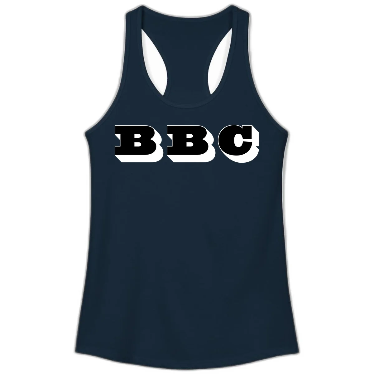 BBC bold typography design featuring three large geometric letters in black with white dimensional elements on gray background in Solid Midnight Navy