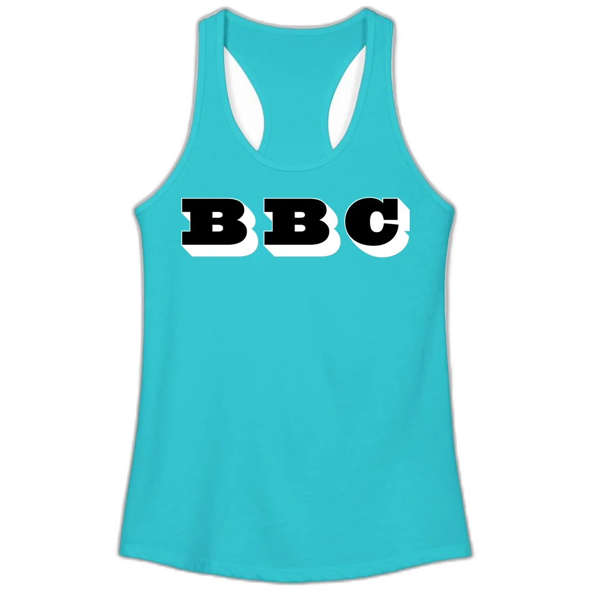 BBC bold typography design featuring three large geometric letters in black with white dimensional elements on gray background in Solid Tahiti Blue