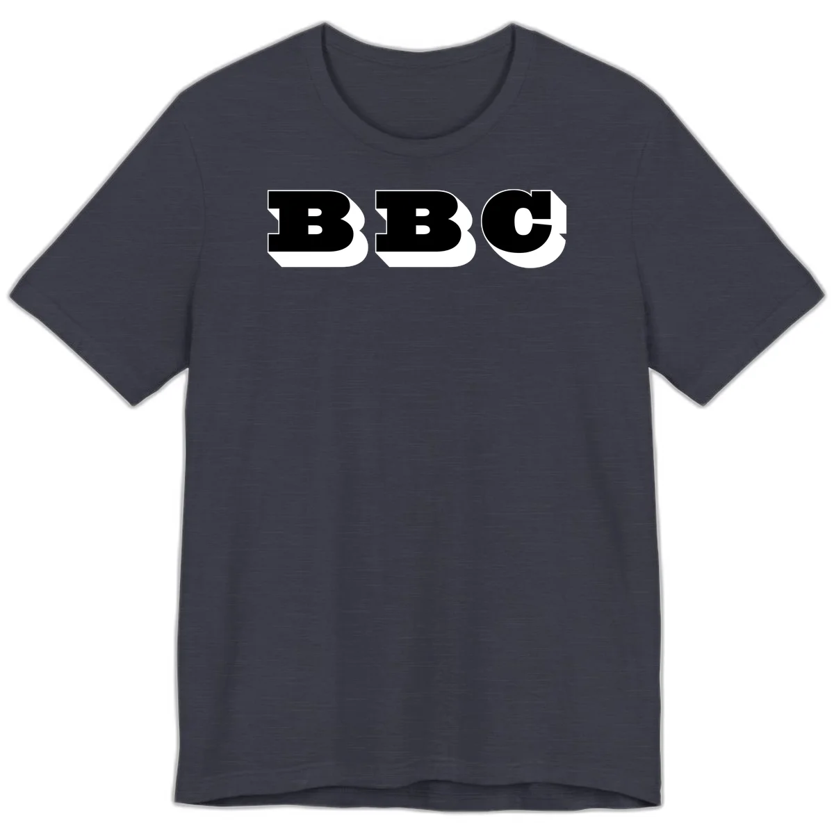 BBC bold typography design featuring three large geometric letters in black with white dimensional elements on gray background in Heather Midnight Navy