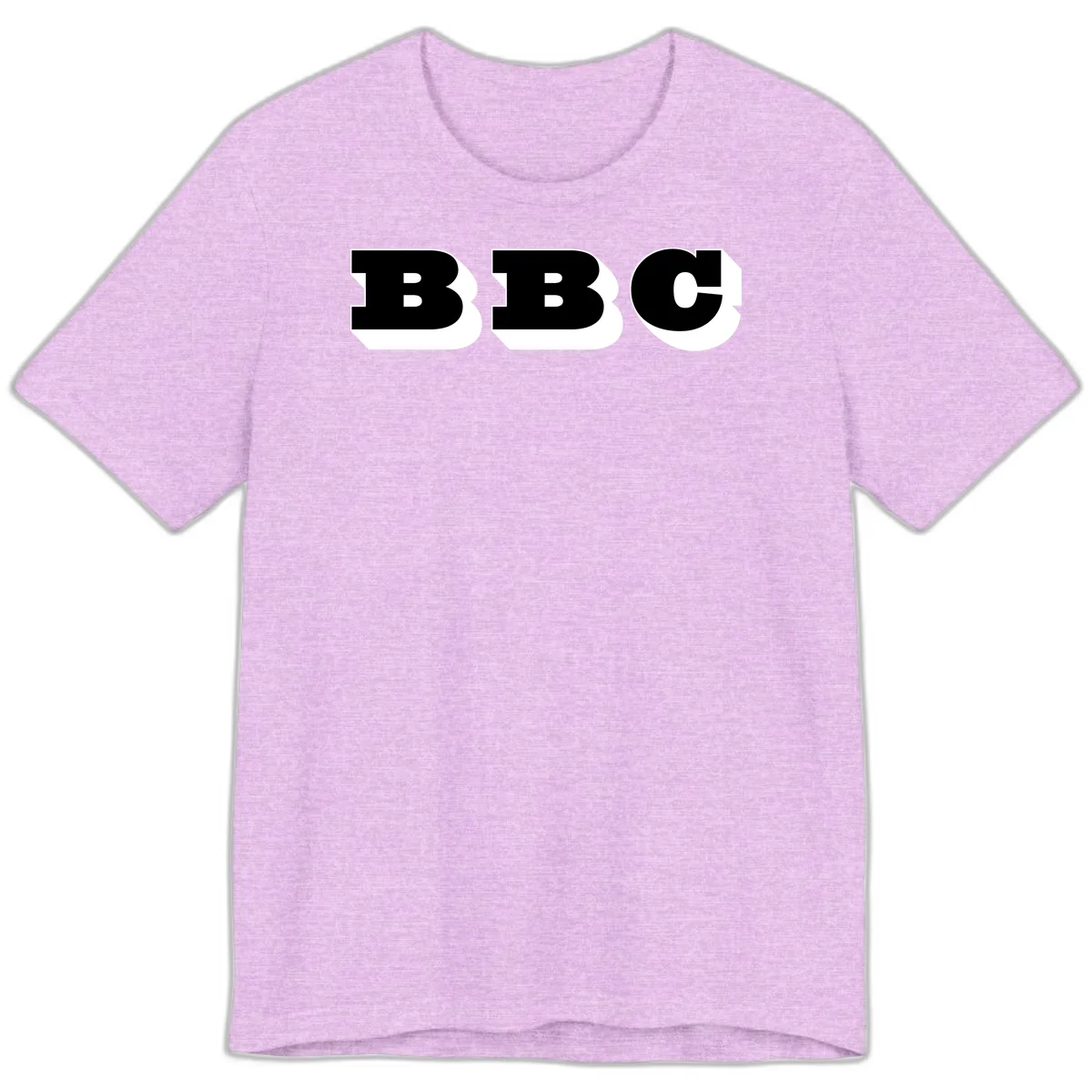 BBC bold typography design featuring three large geometric letters in black with white dimensional elements on gray background in Heather Prism Lilac