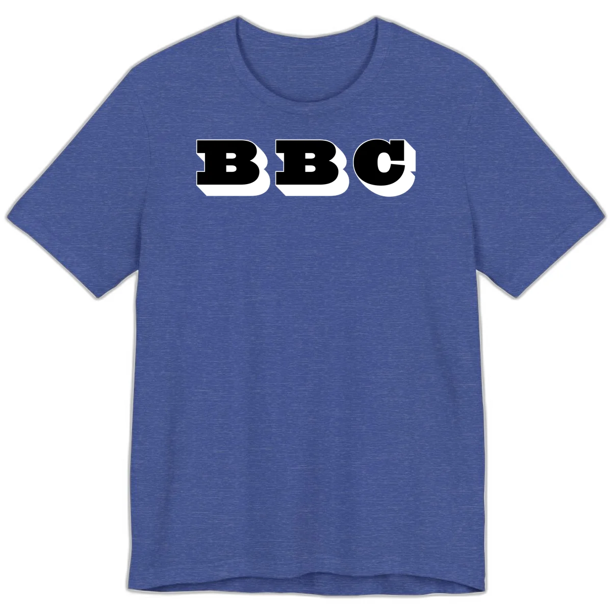 BBC bold typography design featuring three large geometric letters in black with white dimensional elements on gray background in Heather True Royal