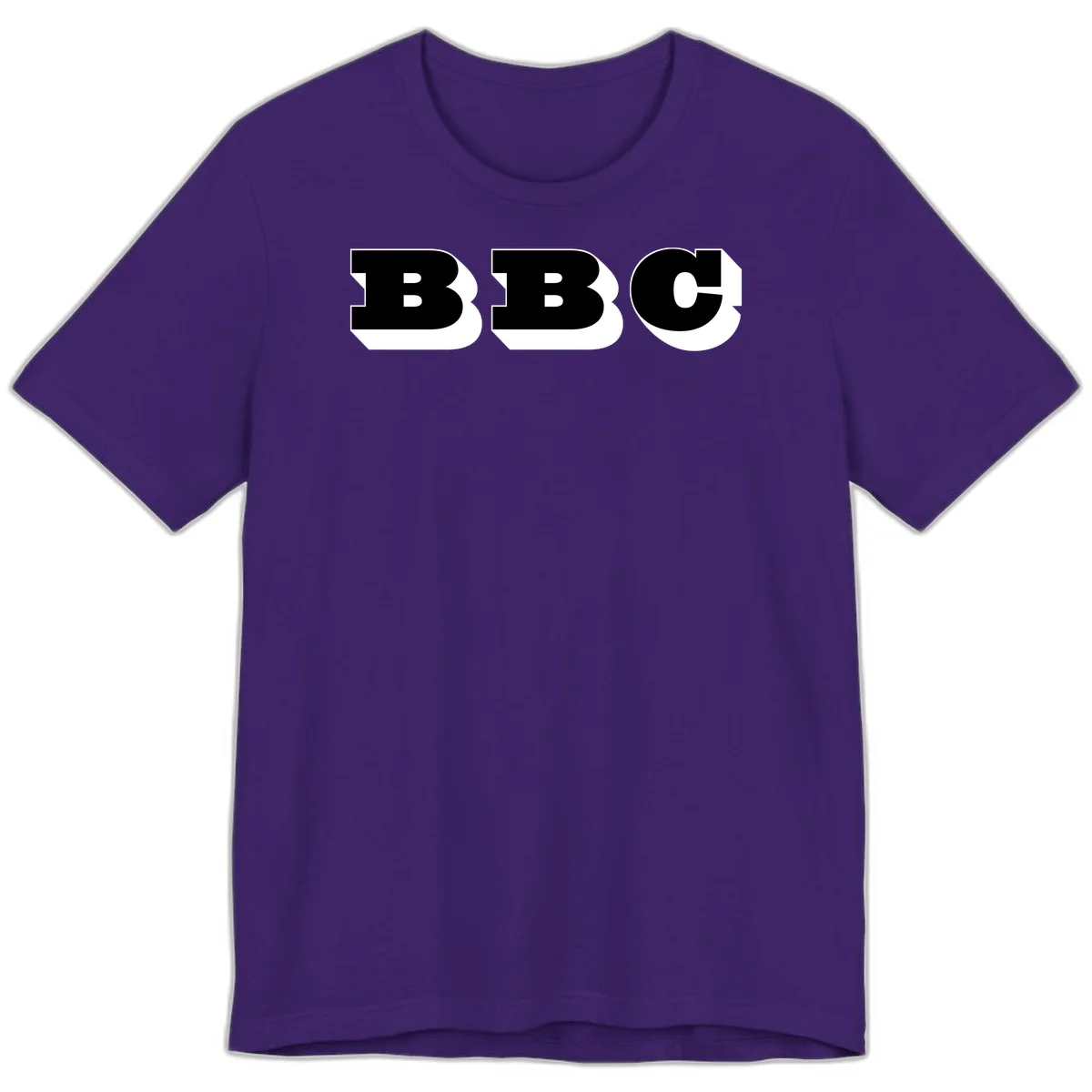 BBC bold typography design featuring three large geometric letters in black with white dimensional elements on gray background in Team Purple