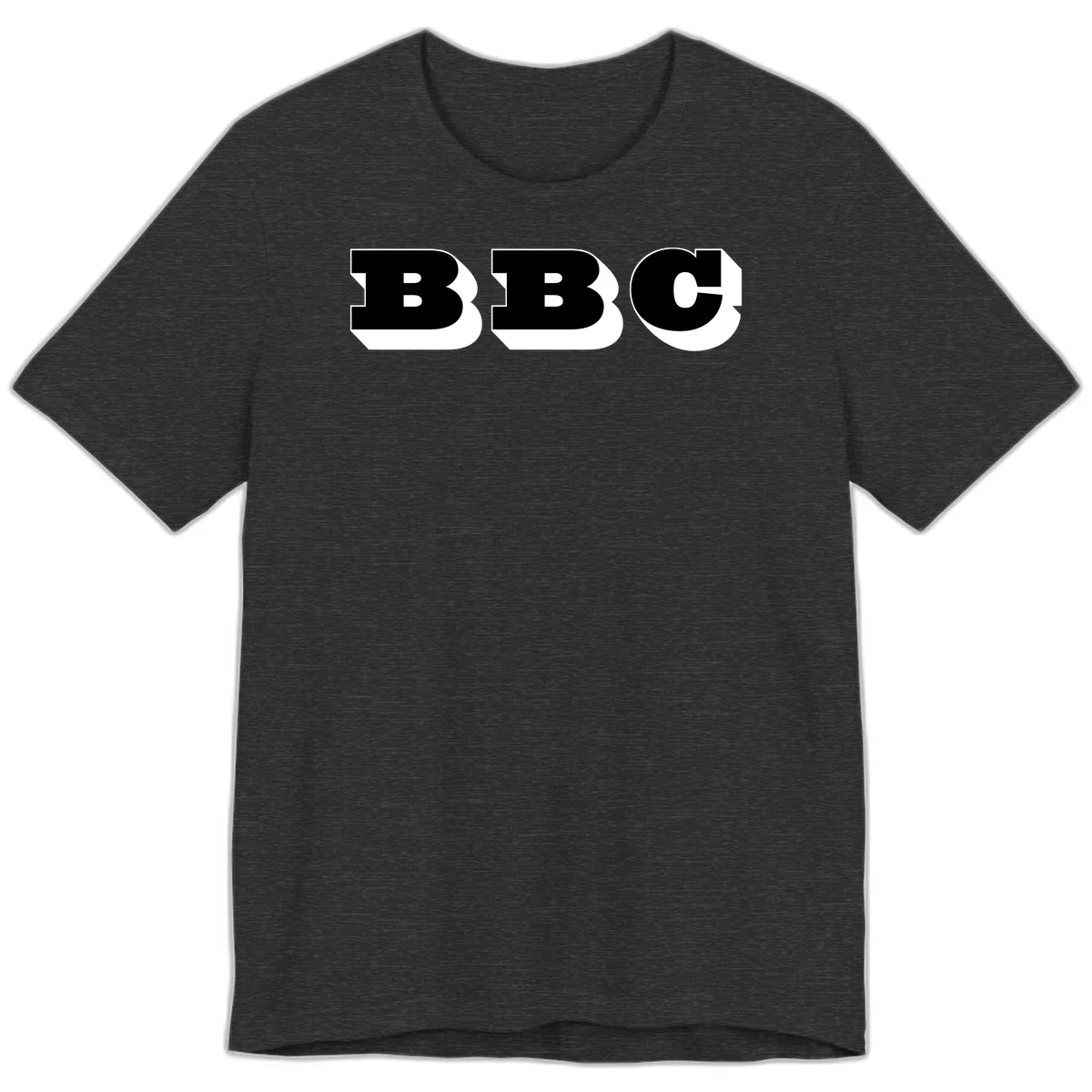 BBC bold typography design featuring three large geometric letters in black with white dimensional elements on gray background in Dark Grey Heather