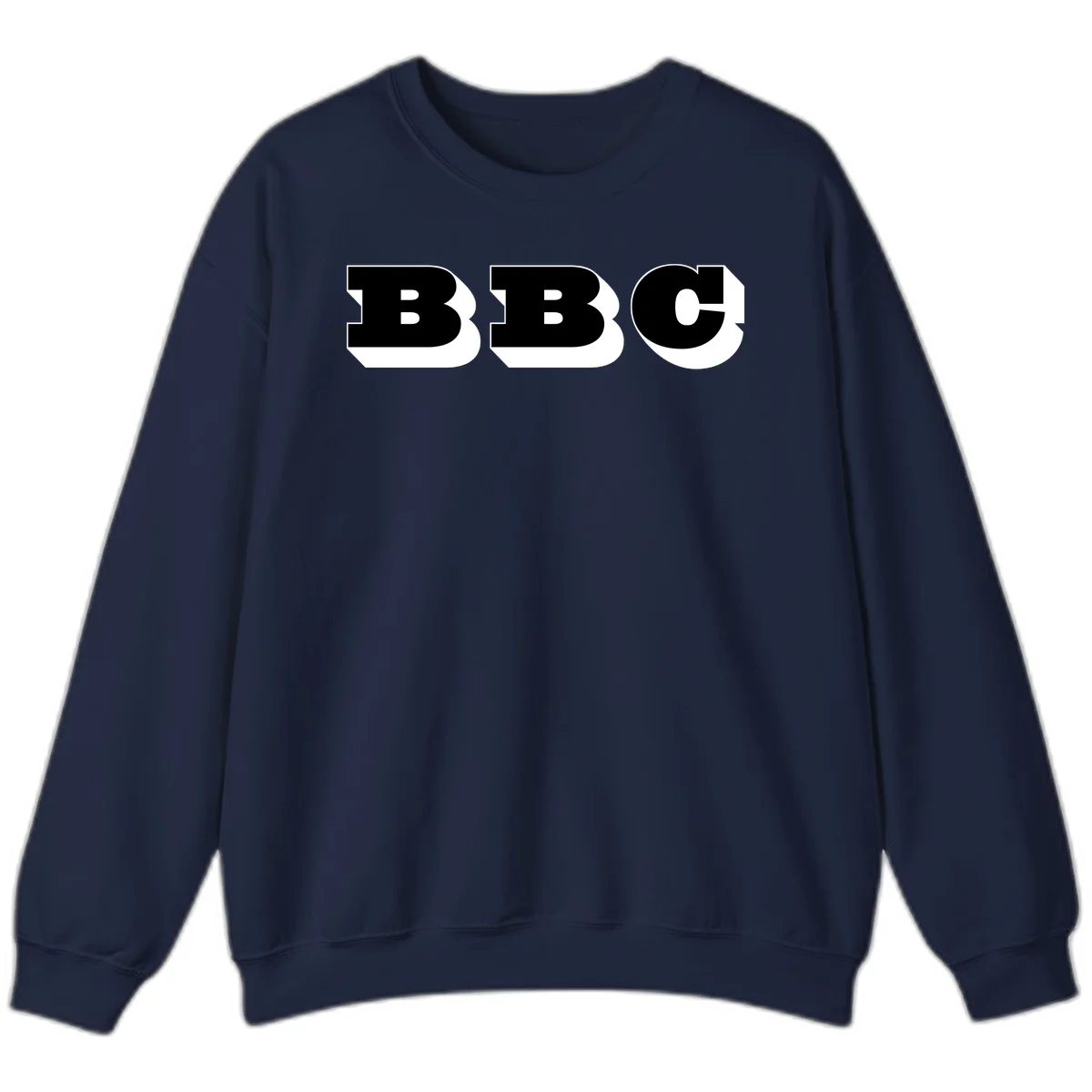 BBC bold typography design featuring three large geometric letters in black with white dimensional elements on gray background in Navy