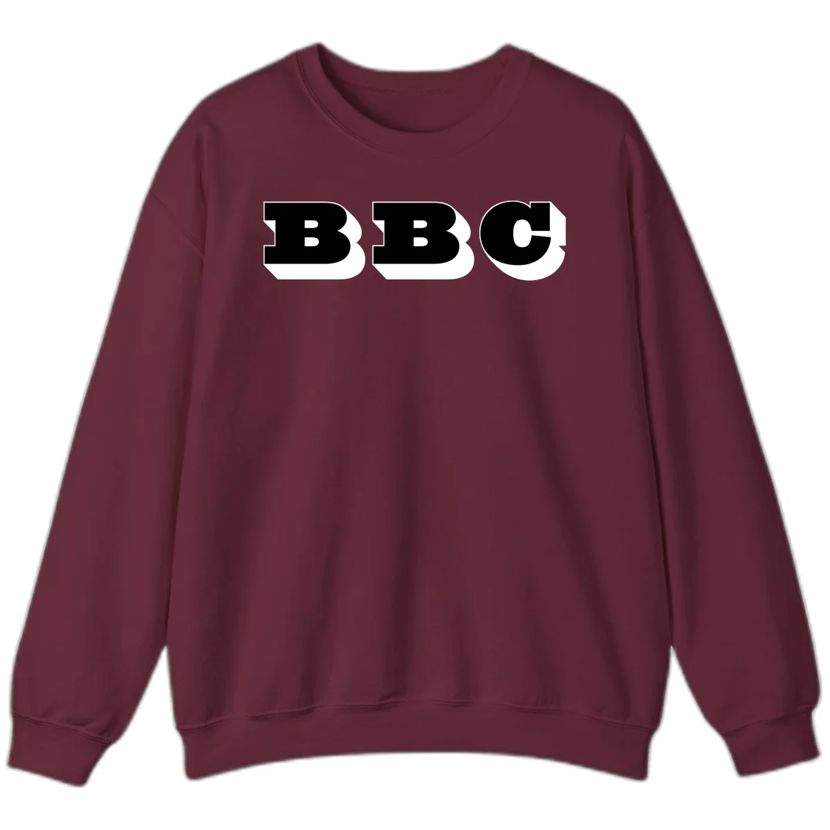 BBC bold typography design featuring three large geometric letters in black with white dimensional elements on gray background in Maroon