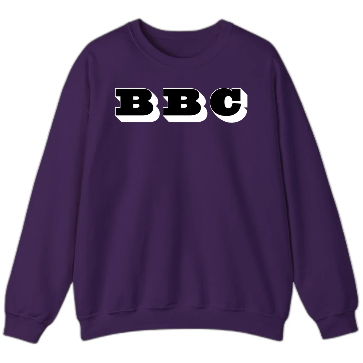 BBC bold typography design featuring three large geometric letters in black with white dimensional elements on gray background in Purple