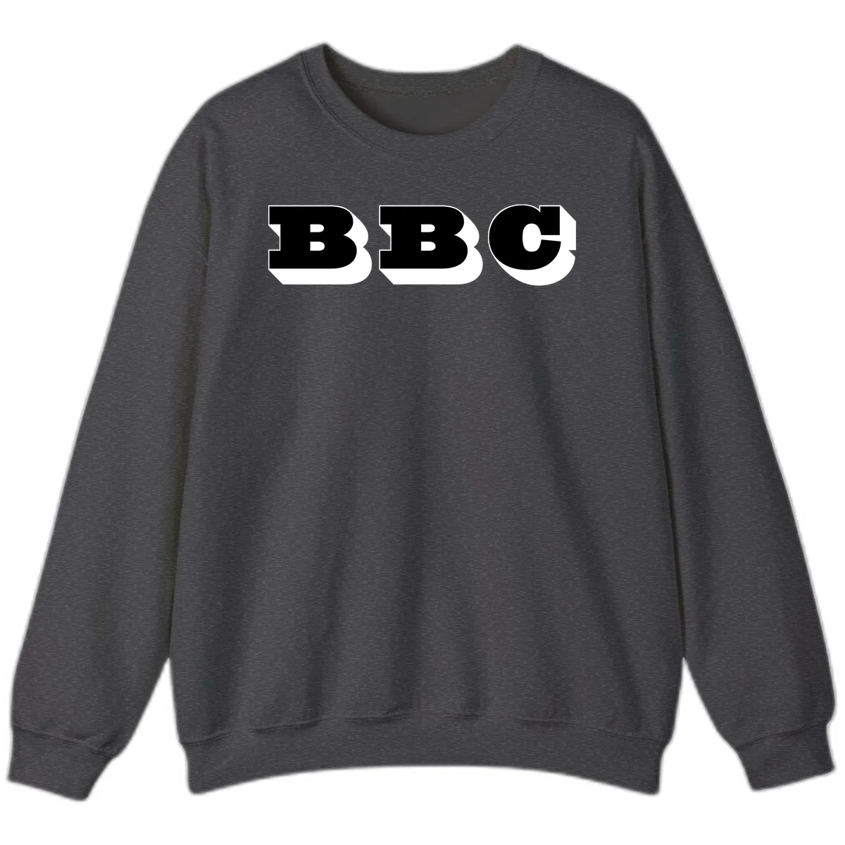 BBC bold typography design featuring three large geometric letters in black with white dimensional elements on gray background in Dark Heather