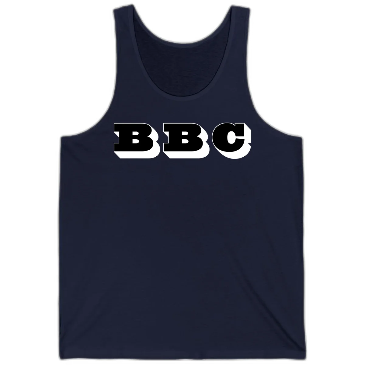BBC bold typography design featuring three large geometric letters in black with white dimensional elements on gray background in Navy