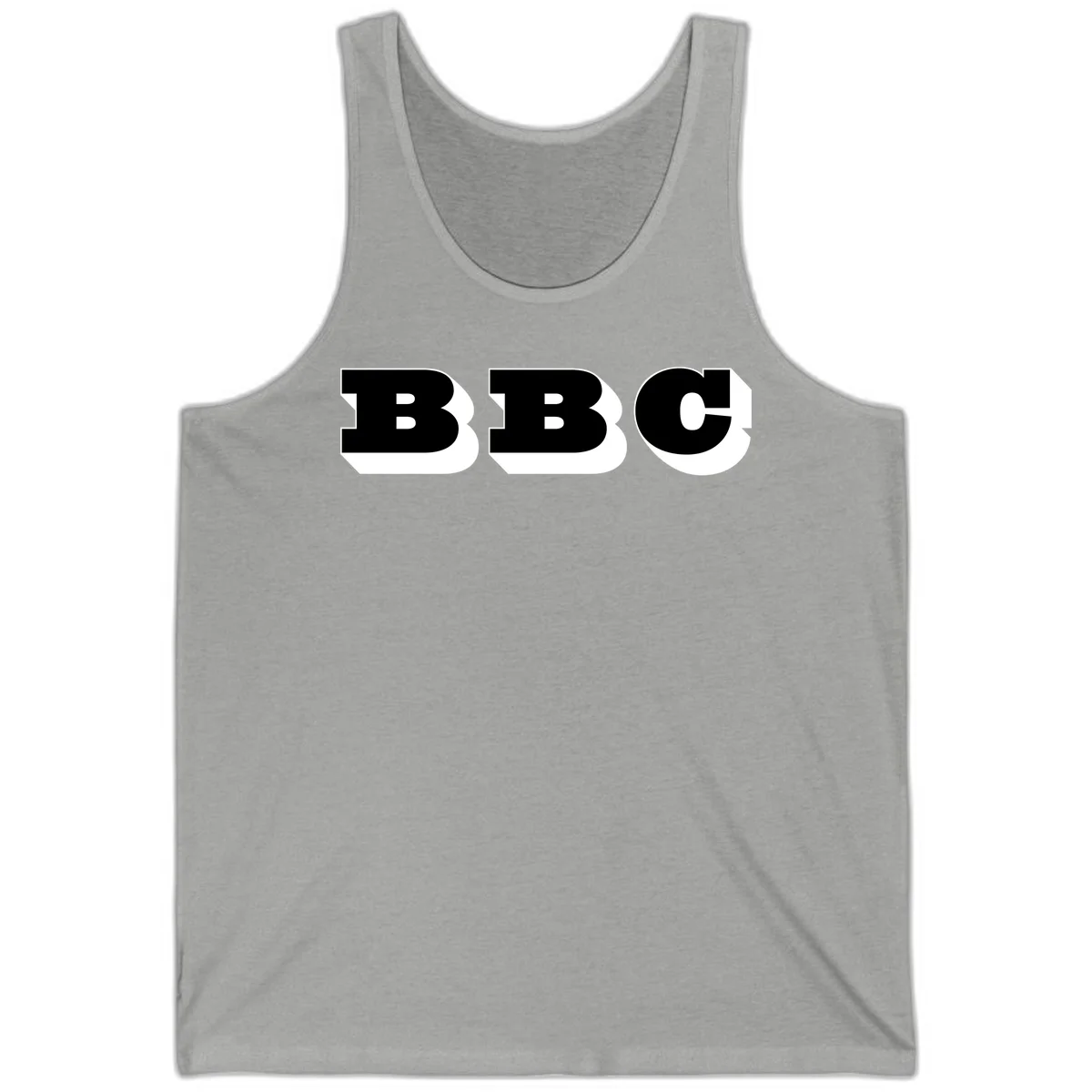 BBC bold typography design featuring three large geometric letters in black with white dimensional elements on gray background in Athletic Heather