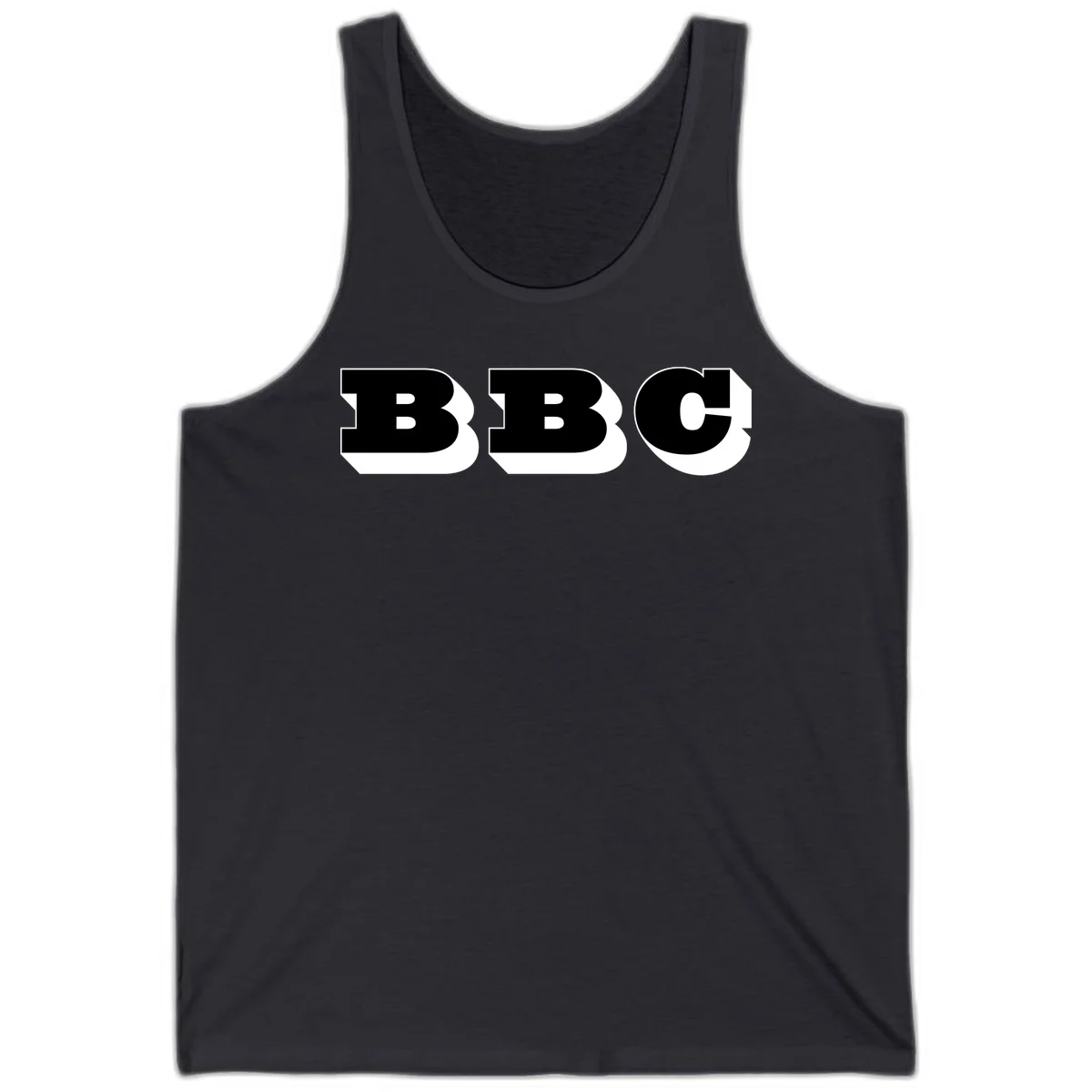 BBC bold typography design featuring three large geometric letters in black with white dimensional elements on gray background in Dark Grey