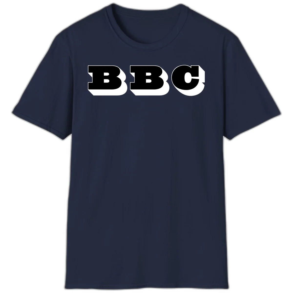 BBC bold typography design featuring three large geometric letters in black with white dimensional elements on gray background in Navy