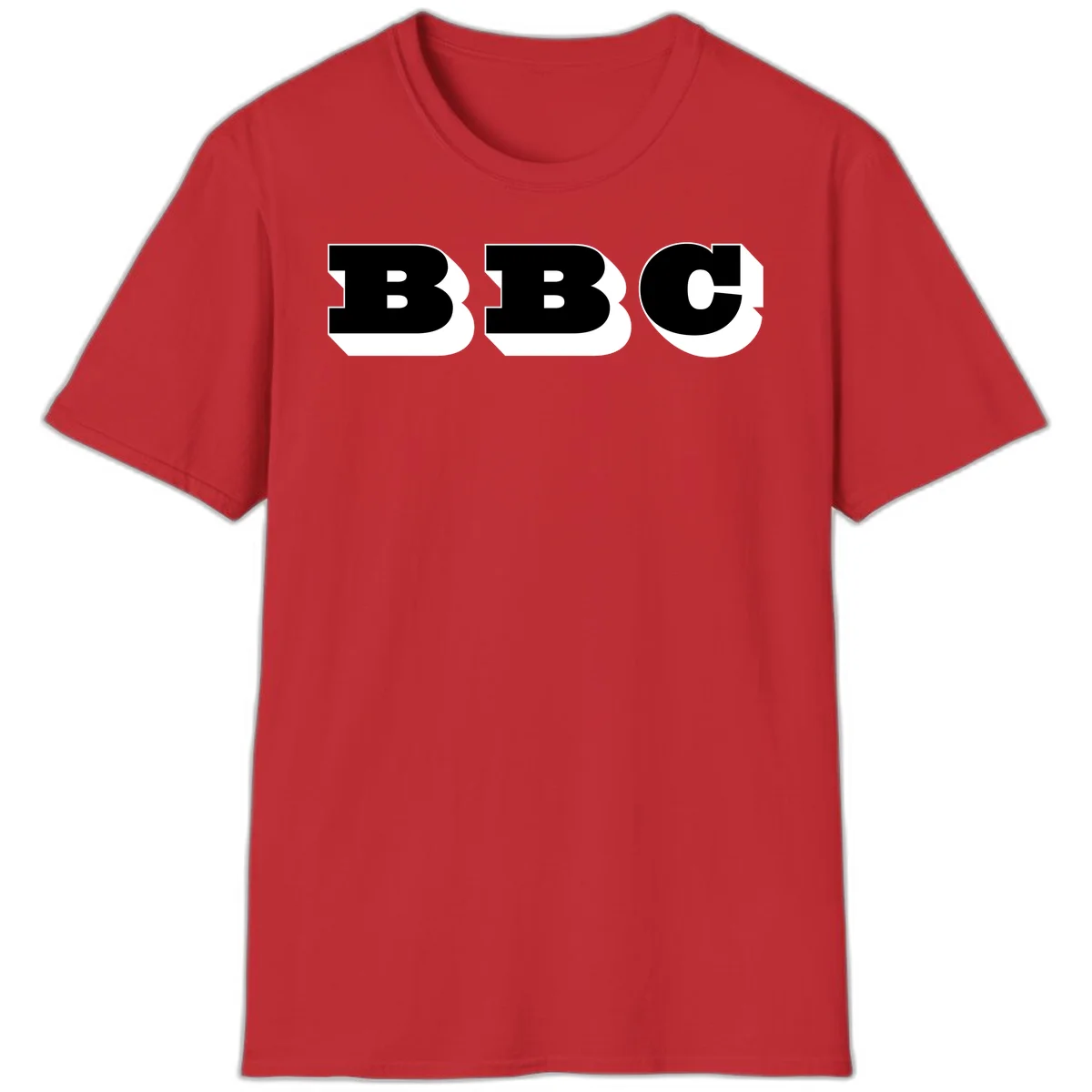 BBC bold typography design featuring three large geometric letters in black with white dimensional elements on gray background in Red
