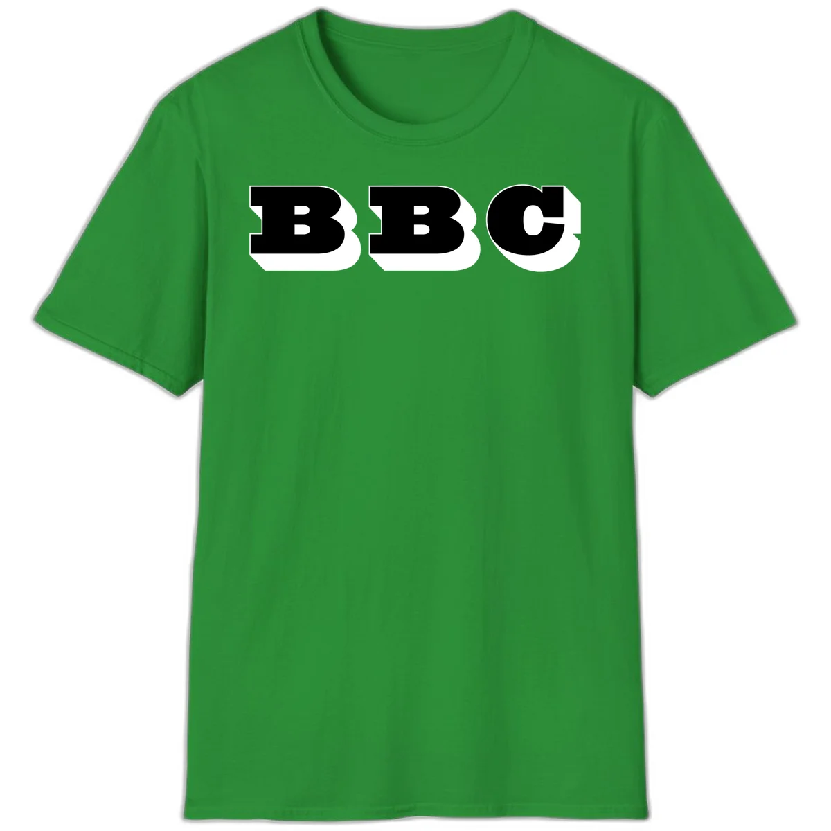BBC bold typography design featuring three large geometric letters in black with white dimensional elements on gray background in Irish Green
