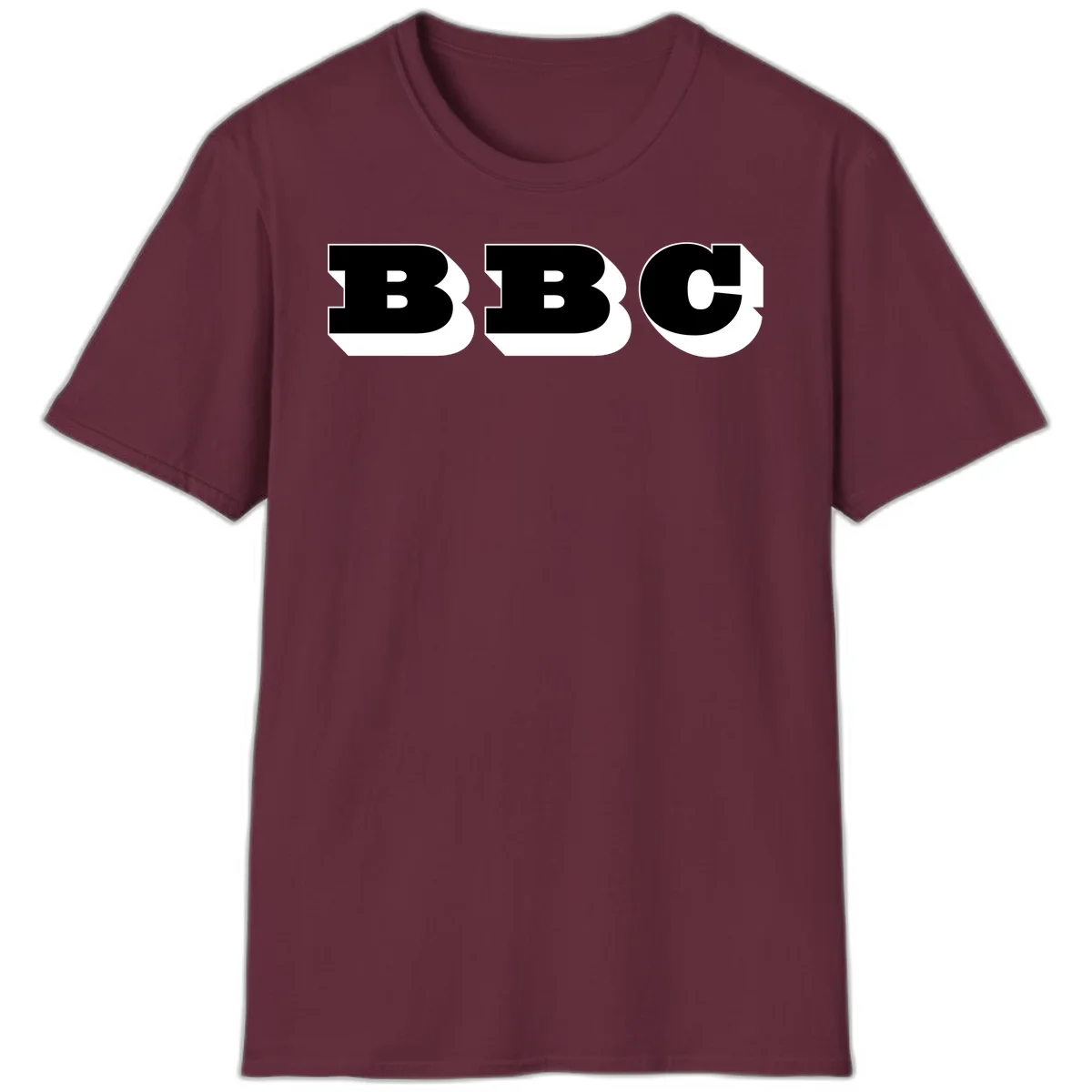 BBC bold typography design featuring three large geometric letters in black with white dimensional elements on gray background in Maroon