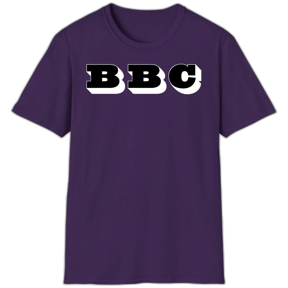 BBC bold typography design featuring three large geometric letters in black with white dimensional elements on gray background in Purple