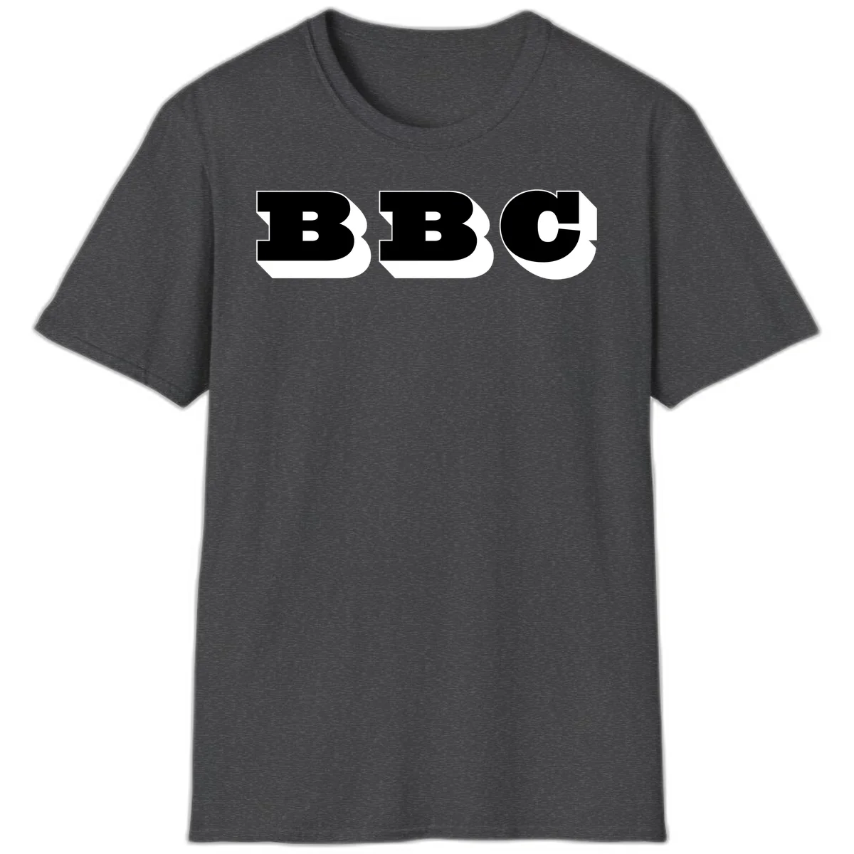 BBC bold typography design featuring three large geometric letters in black with white dimensional elements on gray background in Dark Heather