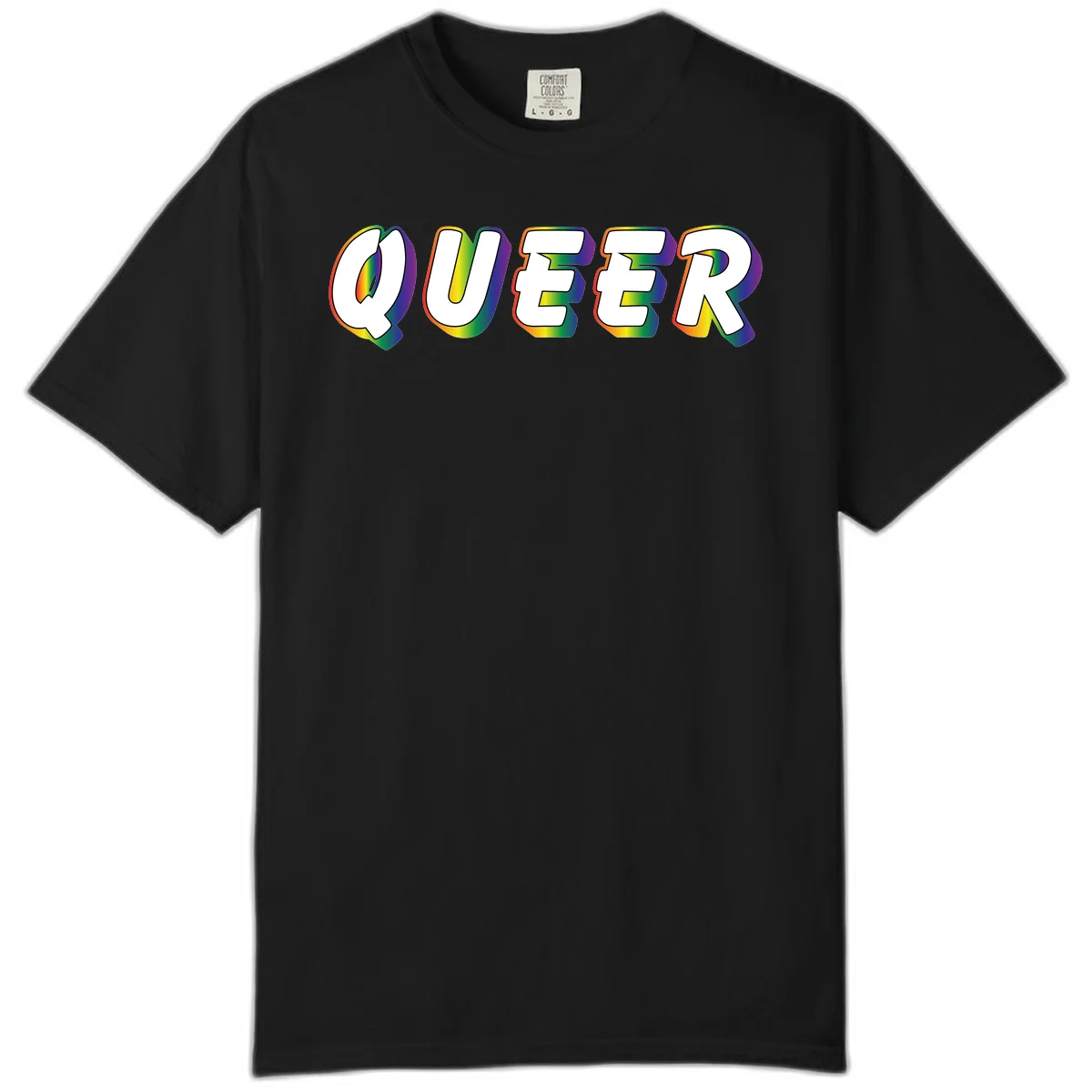 The word QUEER in large bold white letters with vibrant rainbow gradient fill and 3D orange outline effect on gray background in Black