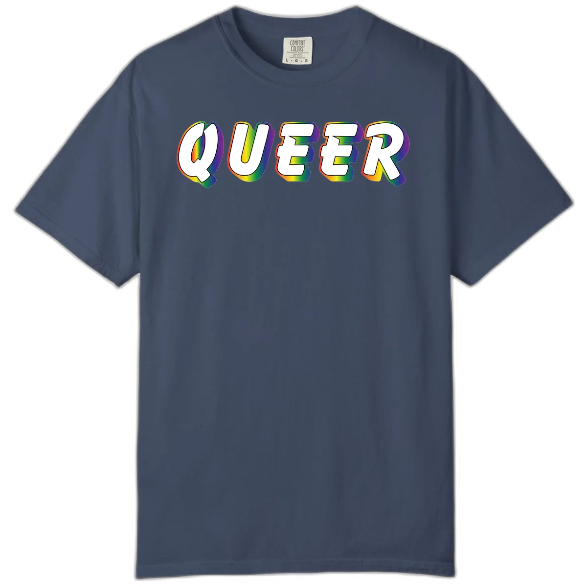 The word QUEER in large bold white letters with vibrant rainbow gradient fill and 3D orange outline effect on gray background in Midnight