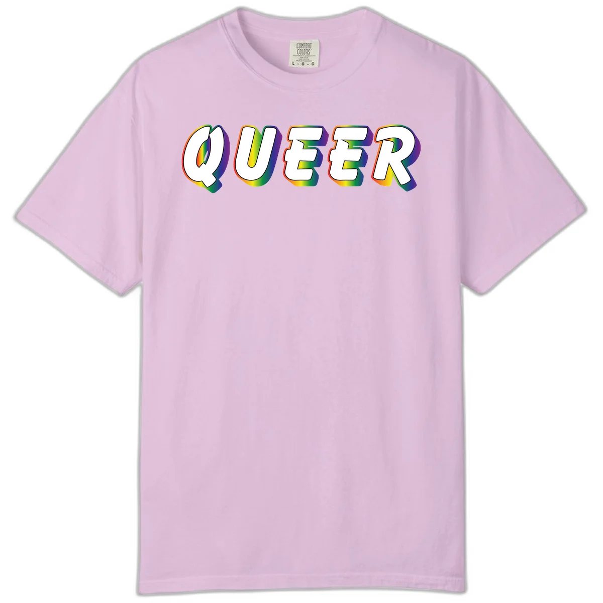 The word QUEER in large bold white letters with vibrant rainbow gradient fill and 3D orange outline effect on gray background in Orchid