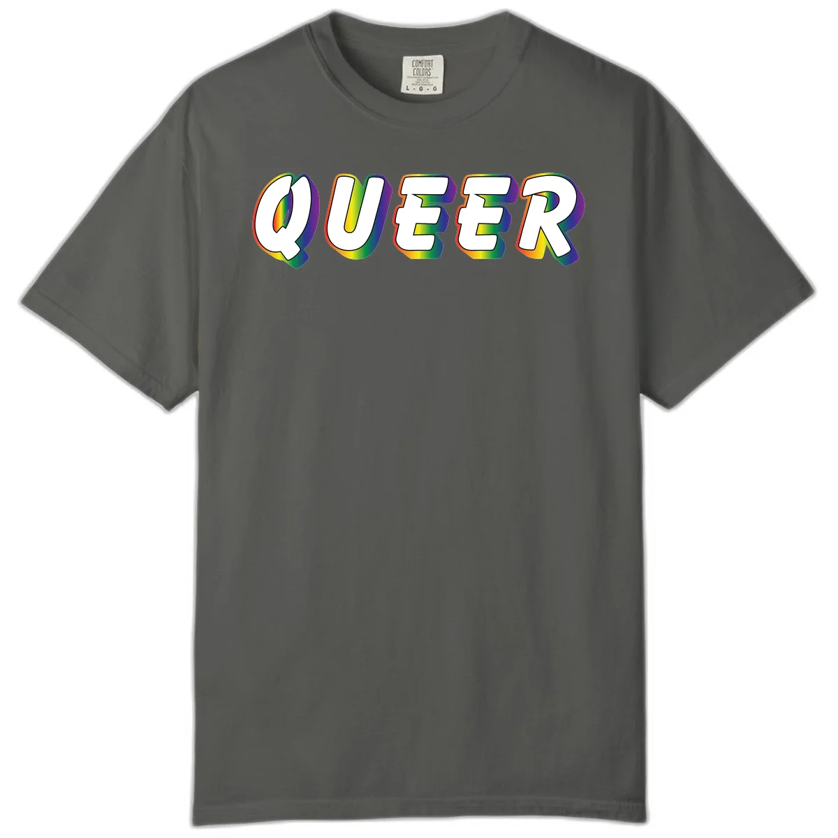 The word QUEER in large bold white letters with vibrant rainbow gradient fill and 3D orange outline effect on gray background in Pepper