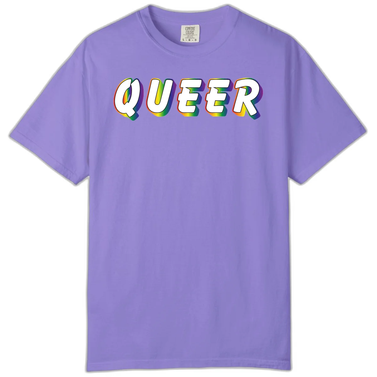 The word QUEER in large bold white letters with vibrant rainbow gradient fill and 3D orange outline effect on gray background in Violet