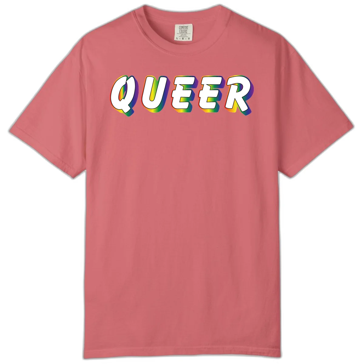 The word QUEER in large bold white letters with vibrant rainbow gradient fill and 3D orange outline effect on gray background in Watermelon