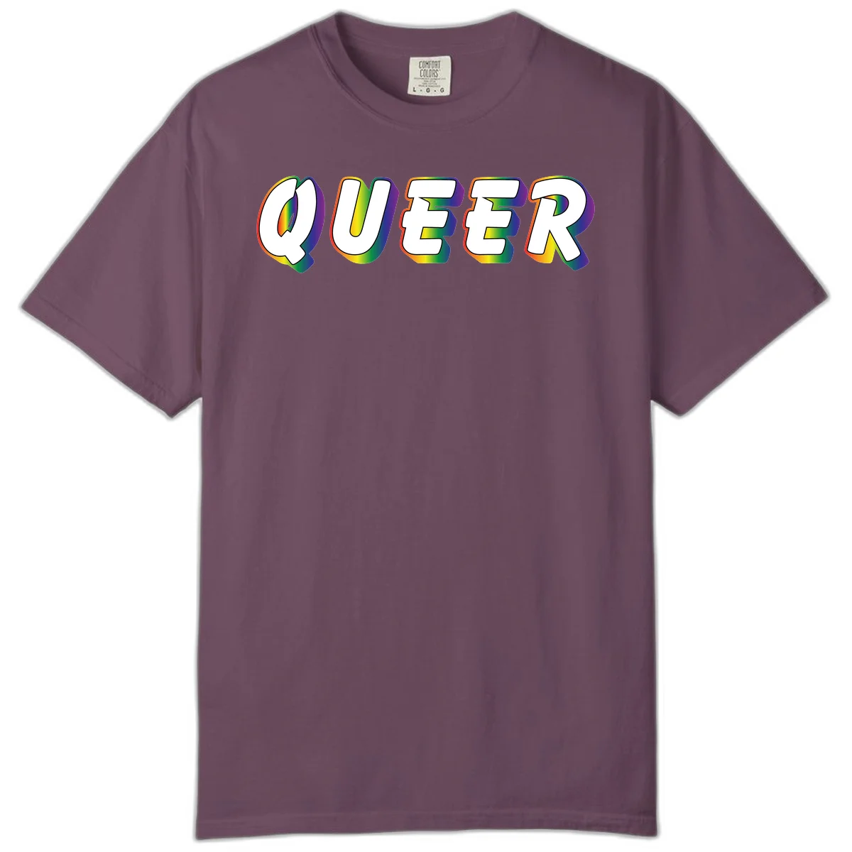 The word QUEER in large bold white letters with vibrant rainbow gradient fill and 3D orange outline effect on gray background in Berry