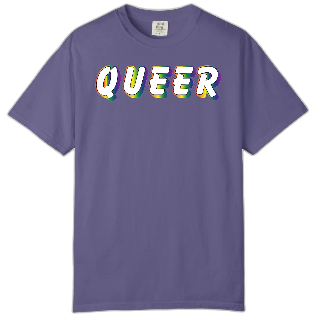 The word QUEER in large bold white letters with vibrant rainbow gradient fill and 3D orange outline effect on gray background in Grape