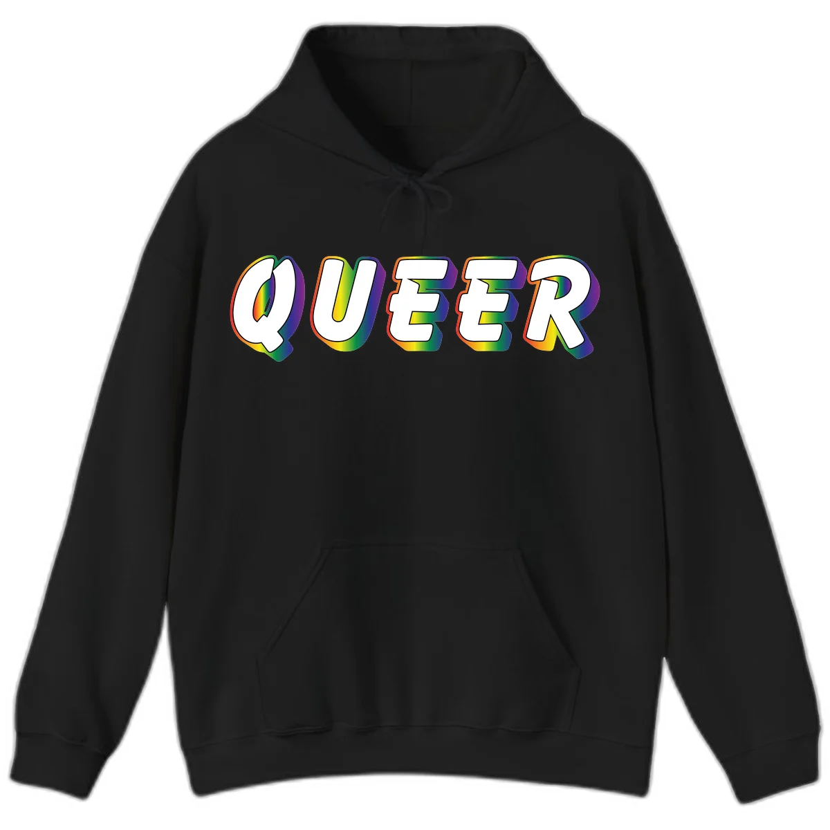The word QUEER in large bold white letters with vibrant rainbow gradient fill and 3D orange outline effect on gray background in Black