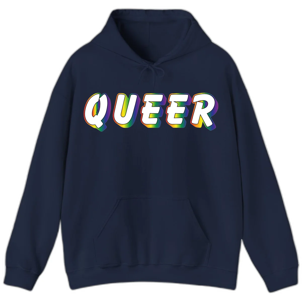 The word QUEER in large bold white letters with vibrant rainbow gradient fill and 3D orange outline effect on gray background in Navy