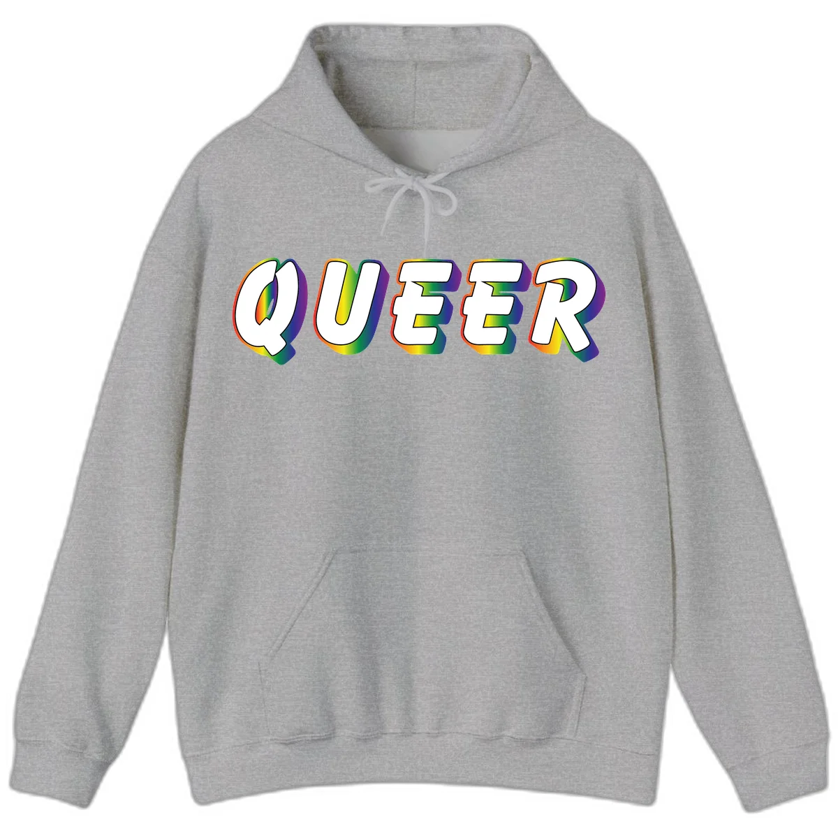 The word QUEER in large bold white letters with vibrant rainbow gradient fill and 3D orange outline effect on gray background in Sport Grey