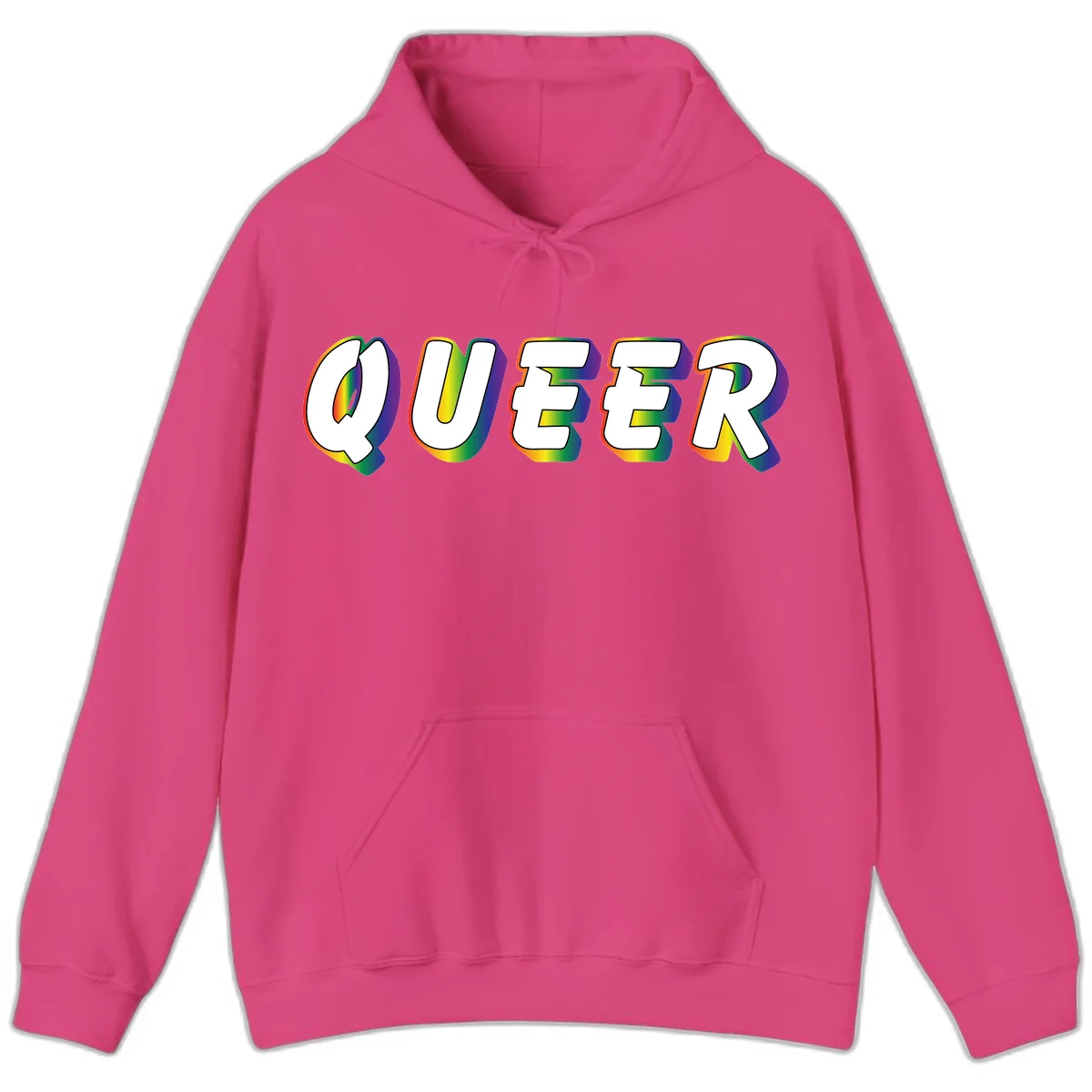 The word QUEER in large bold white letters with vibrant rainbow gradient fill and 3D orange outline effect on gray background in Heliconia