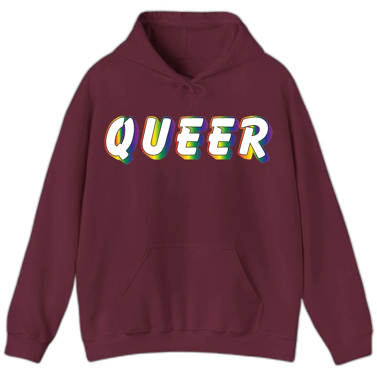 The word QUEER in large bold white letters with vibrant rainbow gradient fill and 3D orange outline effect on gray background in Maroon