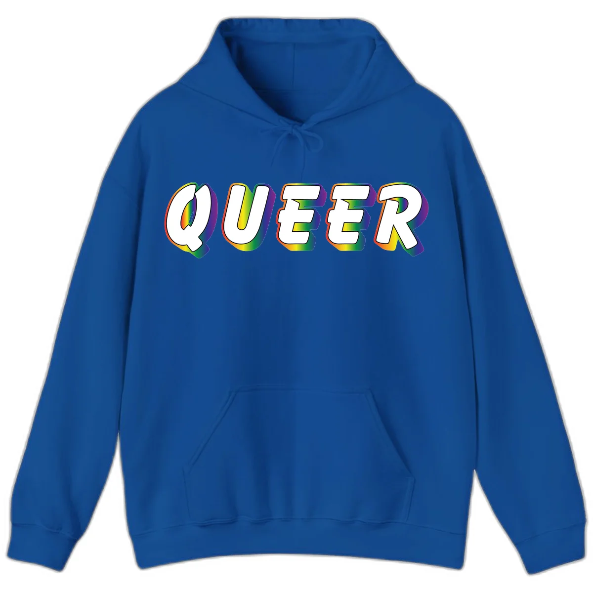 The word QUEER in large bold white letters with vibrant rainbow gradient fill and 3D orange outline effect on gray background in Royal