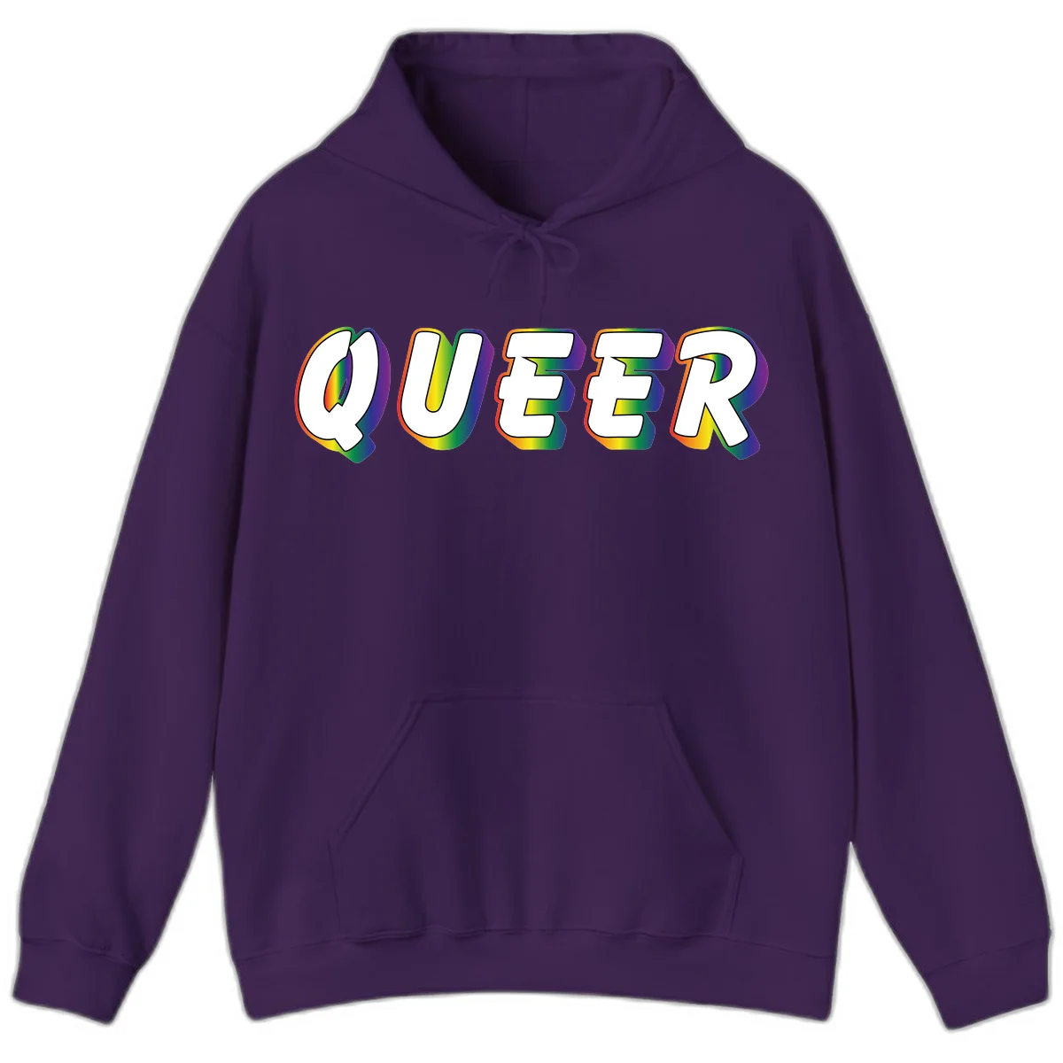 The word QUEER in large bold white letters with vibrant rainbow gradient fill and 3D orange outline effect on gray background in Purple