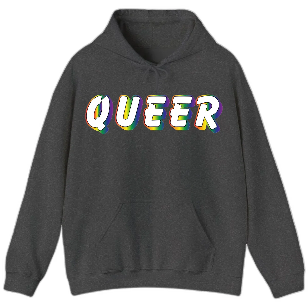 The word QUEER in large bold white letters with vibrant rainbow gradient fill and 3D orange outline effect on gray background in Dark Heather