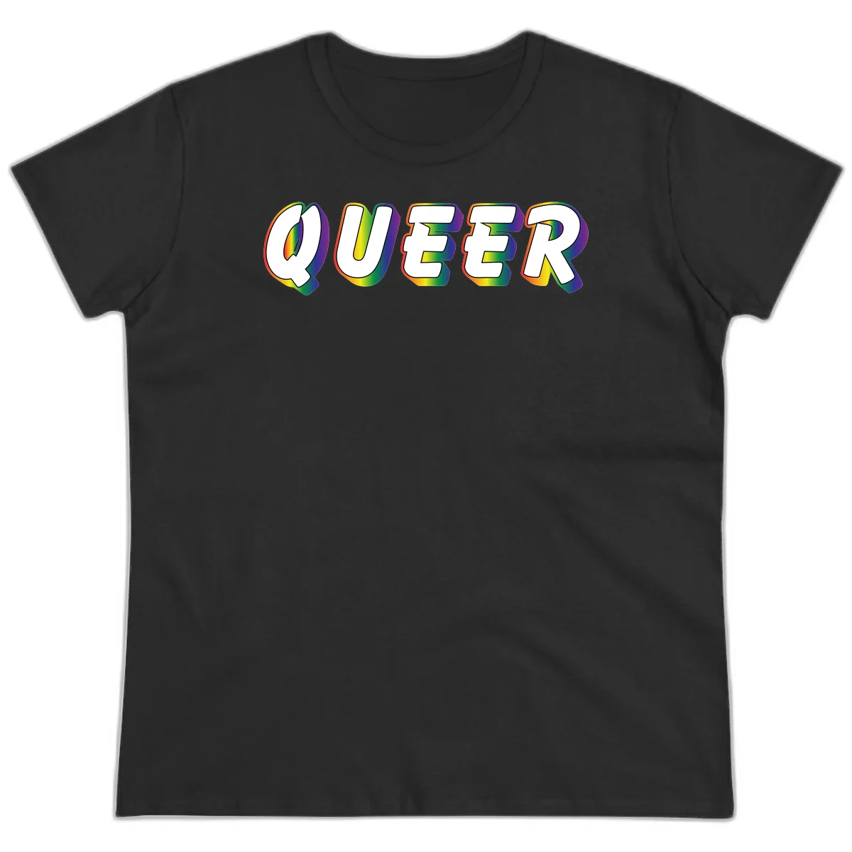 The word QUEER in large bold white letters with vibrant rainbow gradient fill and 3D orange outline effect on gray background in Black