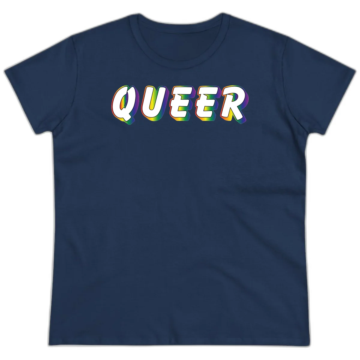 The word QUEER in large bold white letters with vibrant rainbow gradient fill and 3D orange outline effect on gray background in Navy