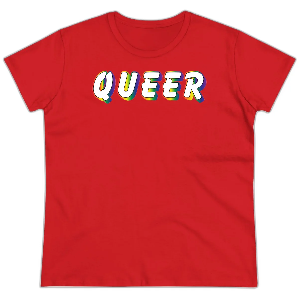 The word QUEER in large bold white letters with vibrant rainbow gradient fill and 3D orange outline effect on gray background in Red