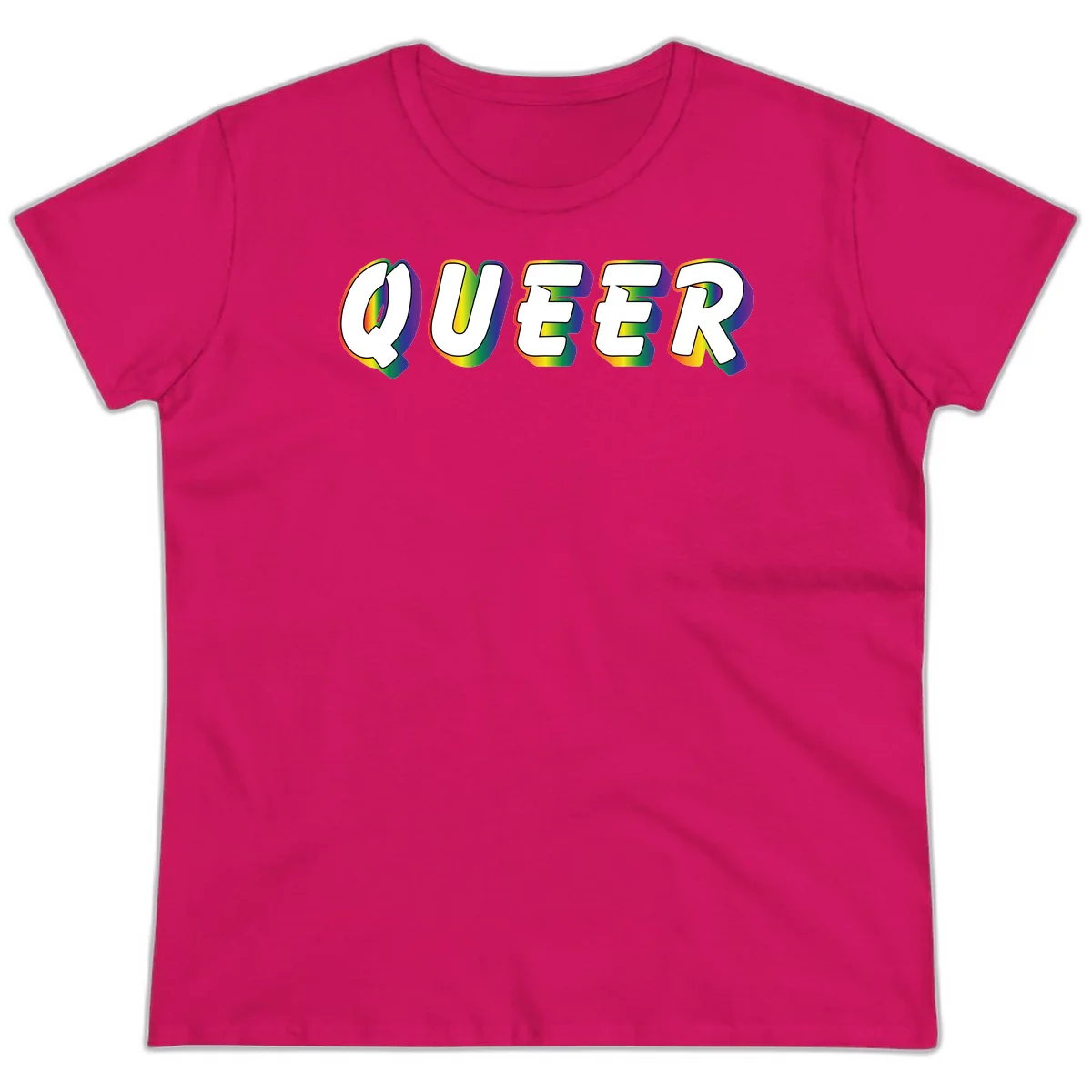 The word QUEER in large bold white letters with vibrant rainbow gradient fill and 3D orange outline effect on gray background in Heliconia