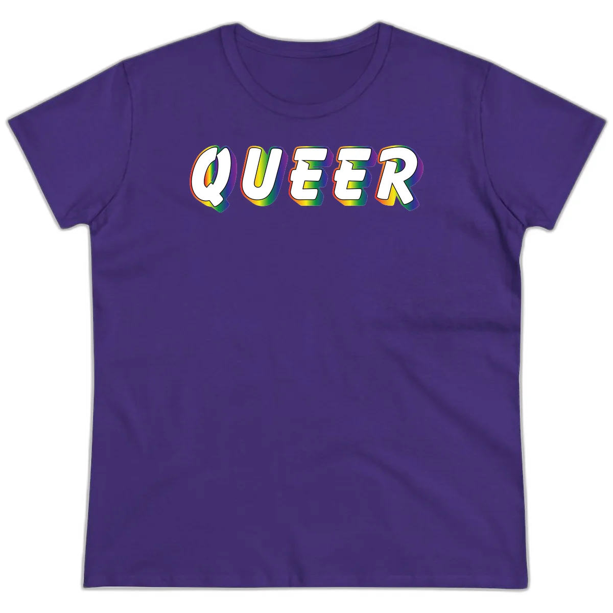 The word QUEER in large bold white letters with vibrant rainbow gradient fill and 3D orange outline effect on gray background in Purple