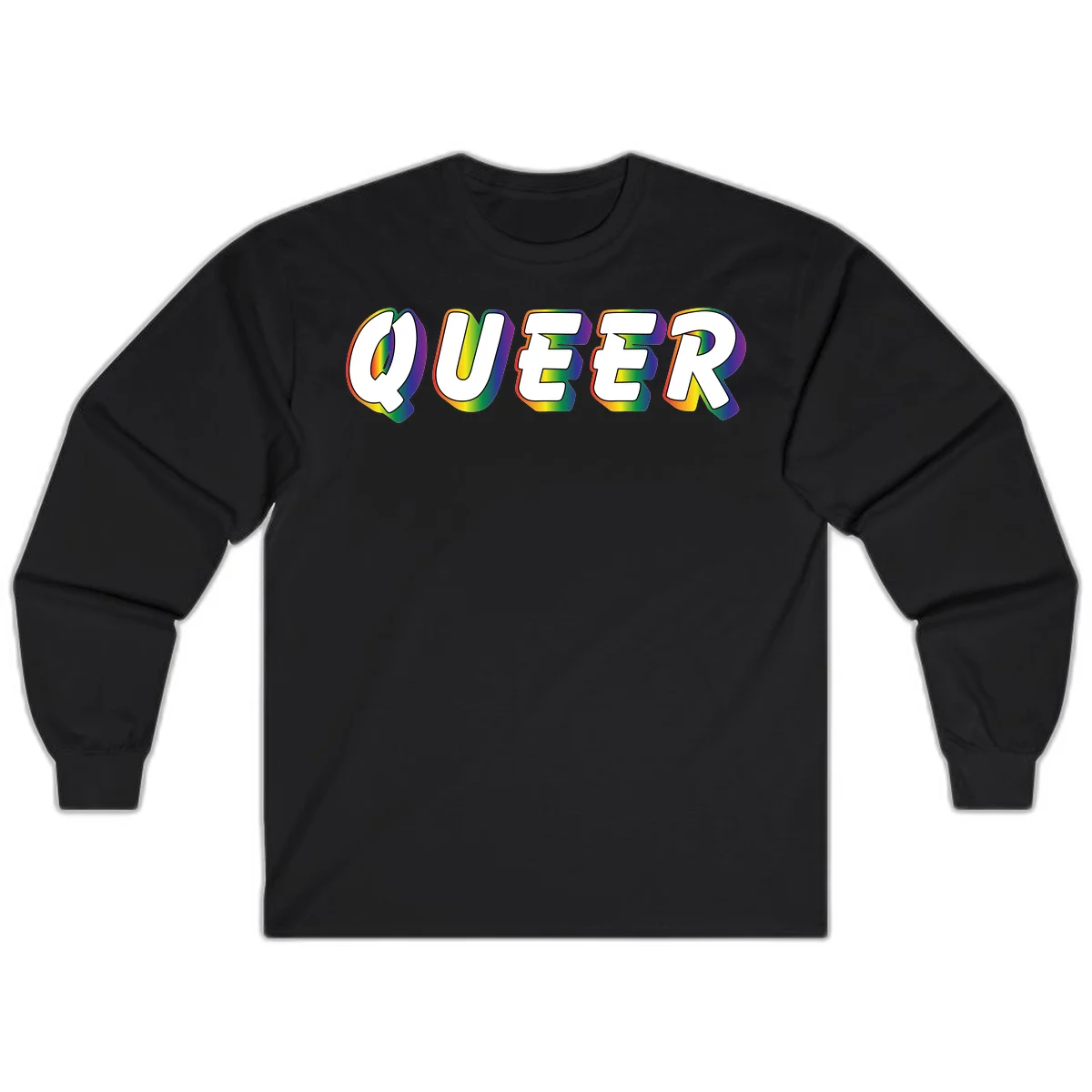 The word QUEER in large bold white letters with vibrant rainbow gradient fill and 3D orange outline effect on gray background in Black