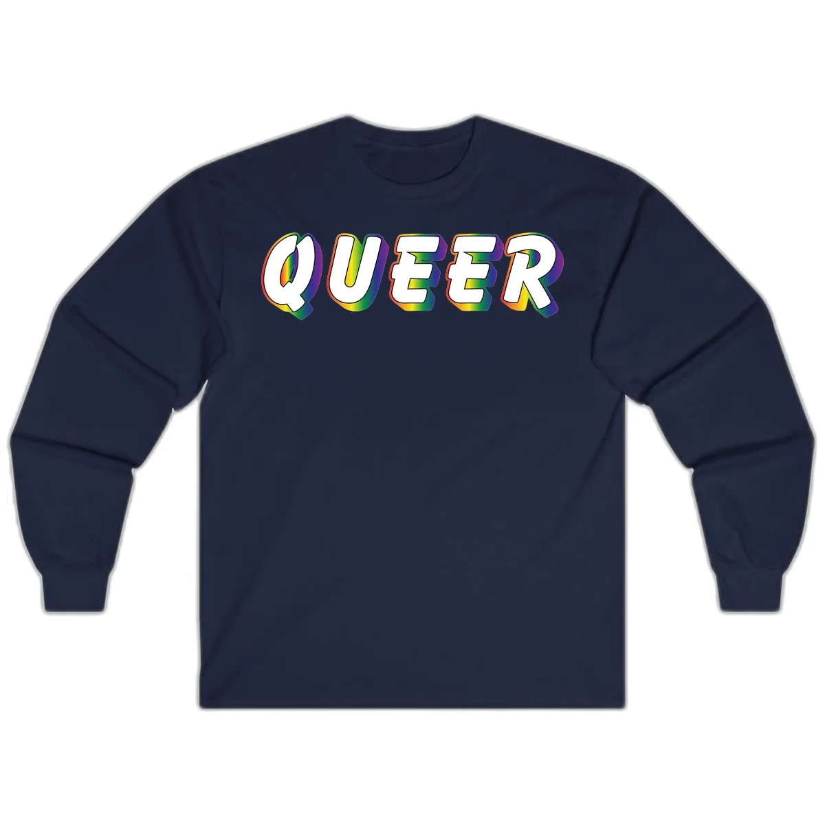 The word QUEER in large bold white letters with vibrant rainbow gradient fill and 3D orange outline effect on gray background in Navy