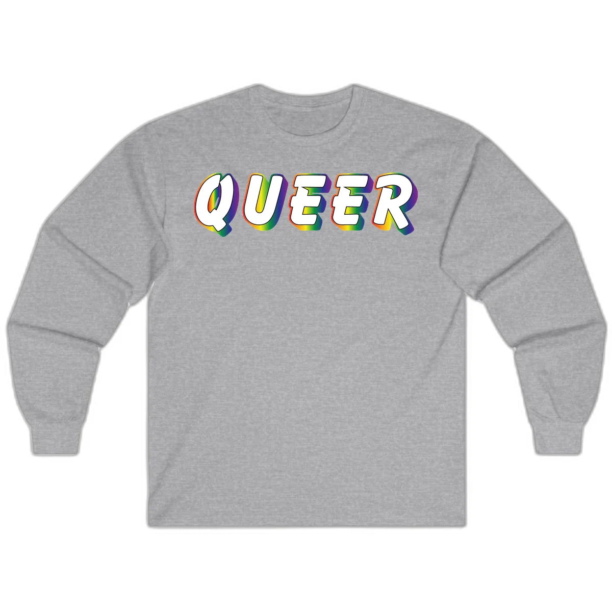 The word QUEER in large bold white letters with vibrant rainbow gradient fill and 3D orange outline effect on gray background in Sport Grey