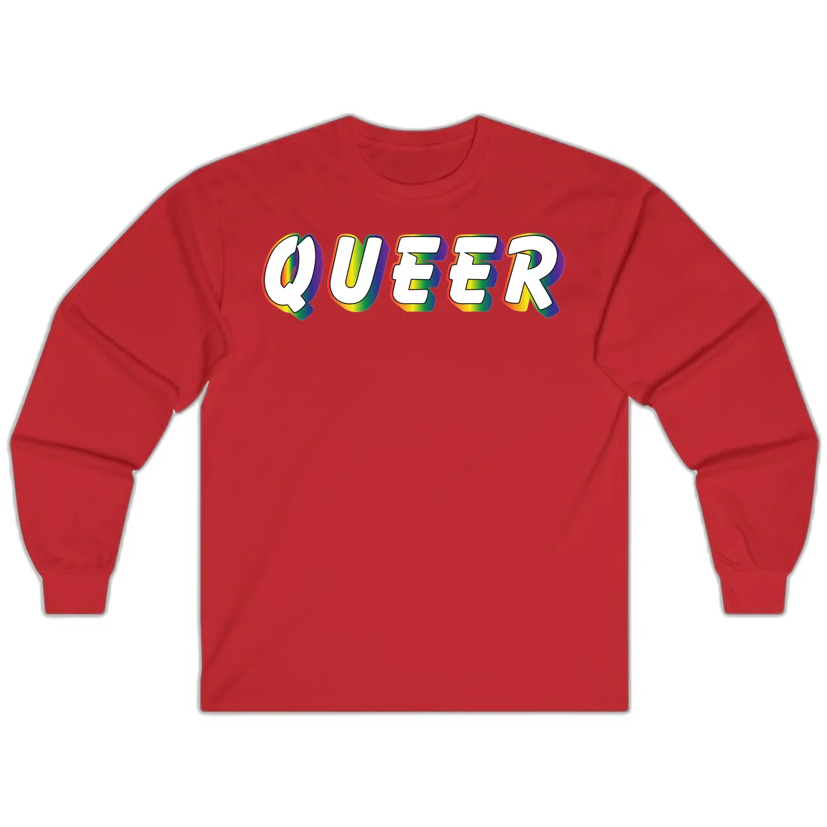 The word QUEER in large bold white letters with vibrant rainbow gradient fill and 3D orange outline effect on gray background in Red