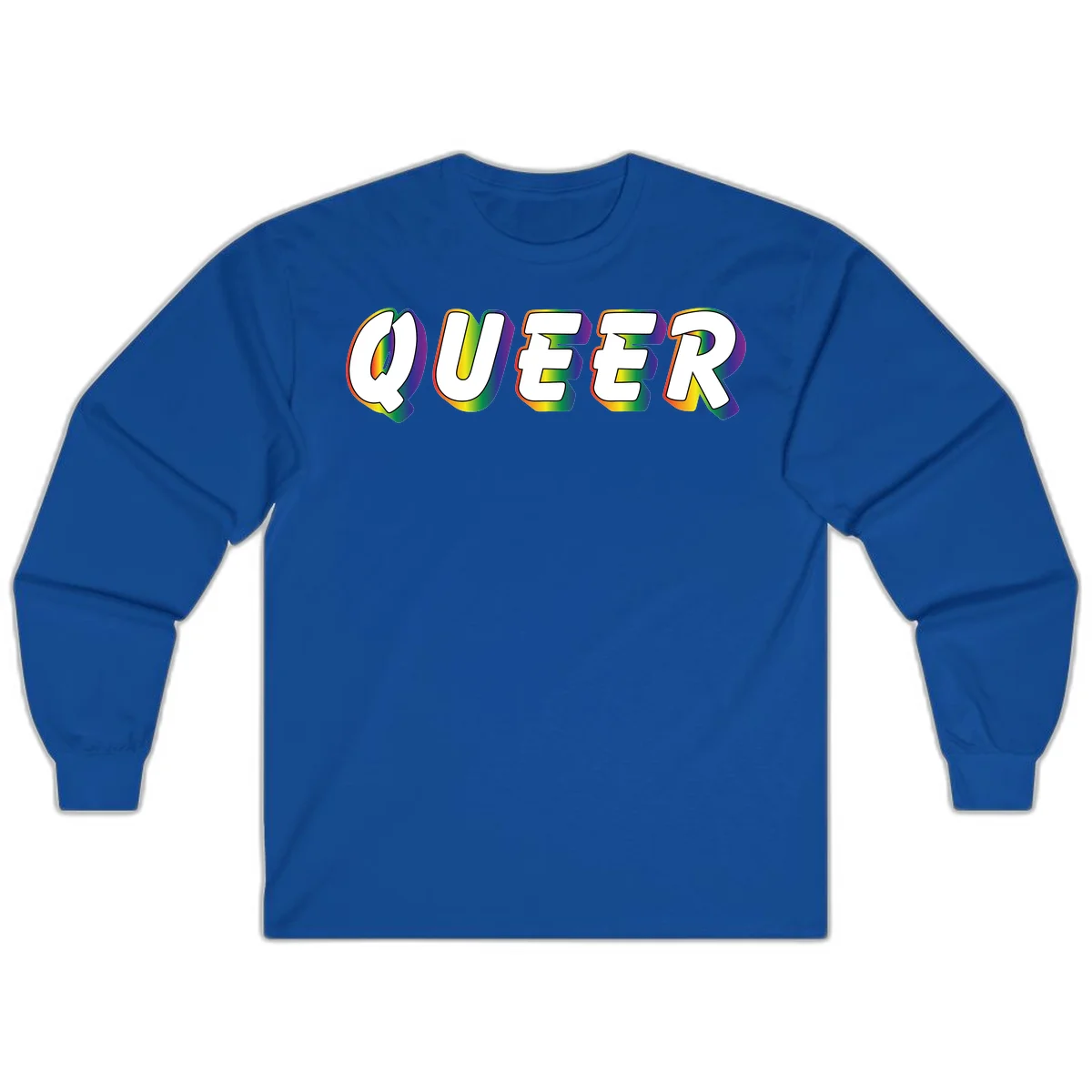 The word QUEER in large bold white letters with vibrant rainbow gradient fill and 3D orange outline effect on gray background in Royal
