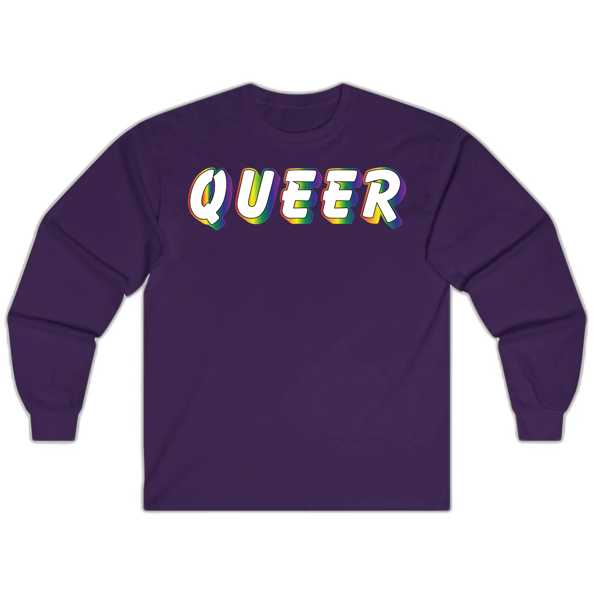 The word QUEER in large bold white letters with vibrant rainbow gradient fill and 3D orange outline effect on gray background in Purple