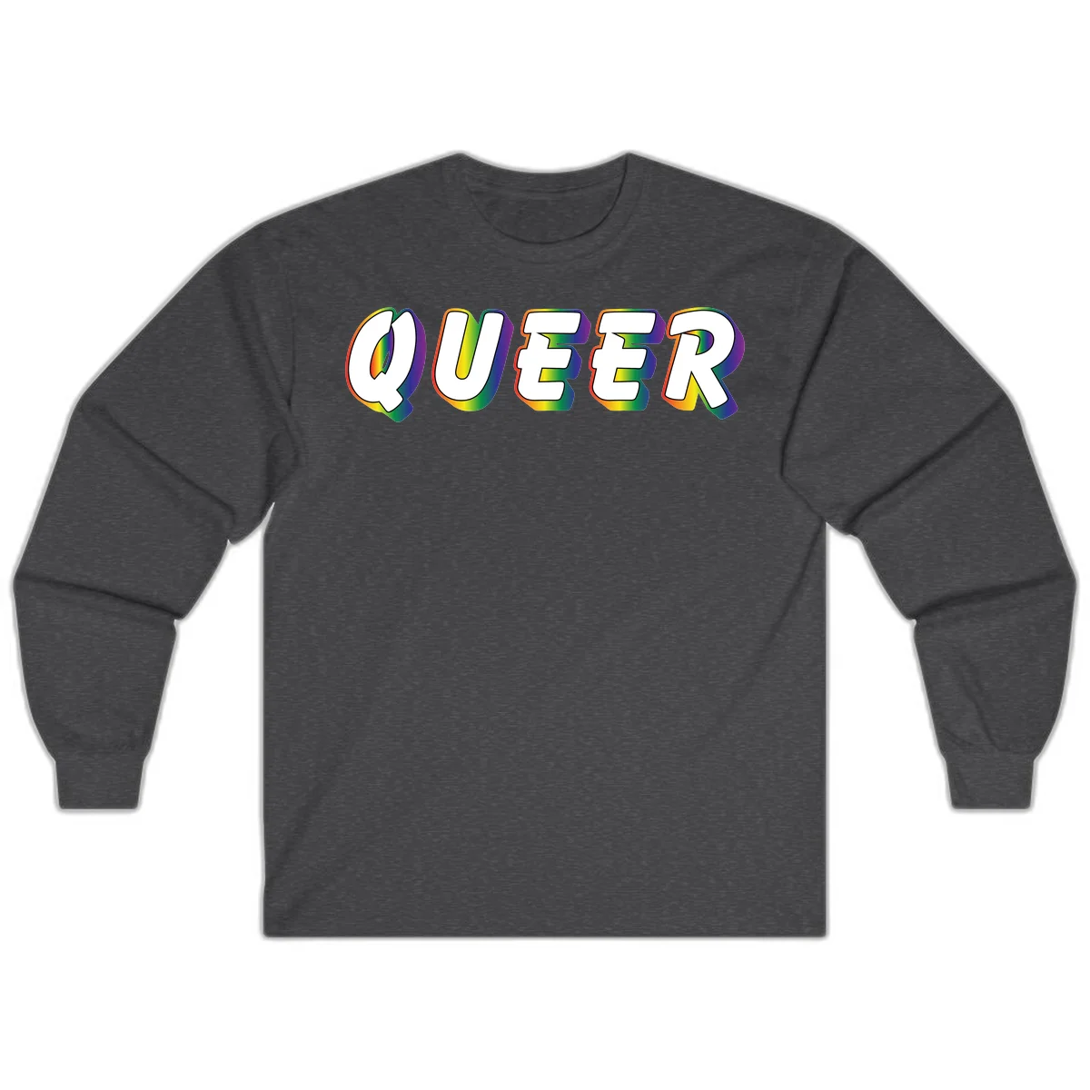 The word QUEER in large bold white letters with vibrant rainbow gradient fill and 3D orange outline effect on gray background in Dark Heather